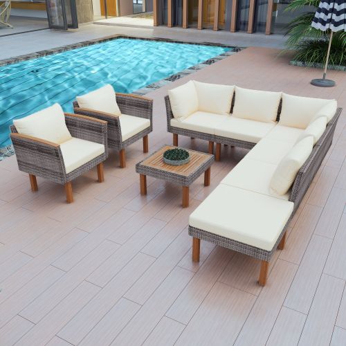 GO 9-Piece Patio Rattan Furniture Set, Outdoor Conversation Set With Acacia Wood Legs and Tabletop, PE Rattan Sectional Sofa Set with Coffee Table GO 9-Piece Patio Rattan Furniture Set, Outdoor Conversation Set With Acacia Wood Legs and Tabletop, PE Rattan Sectional Sofa Set with Coffee Table