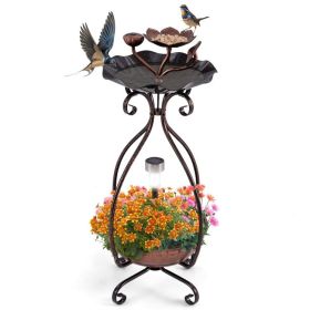 Solar Outdoor Bird Bath Feeder Combo with Flower Planter Pedestal and Solar Lights (Color: copper)