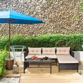 3 Piece Outdoor PE Rattan Furniture Set, Patio Black Wicker Conversation Loveseat Sofa Sectional Couch Khaki Cushion (Color: Gradient Brown Rattan, Beige Cushions, Grey Glass)