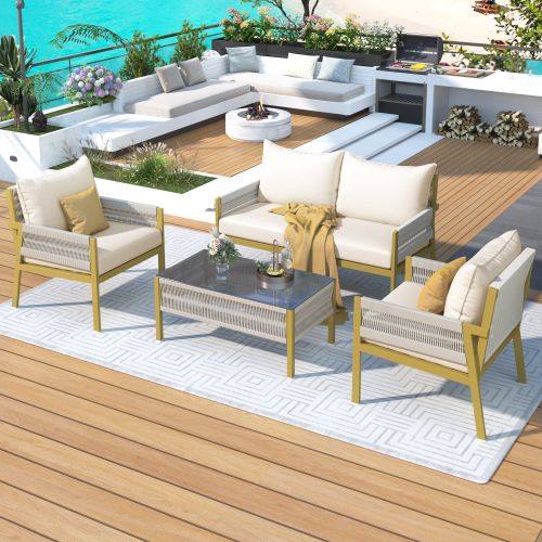 4-Piece Rope Patio Furniture Set, Outdoor Furniture with Tempered Glass Table 4-Piece Rope Patio Furniture Set, Outdoor Furniture with Tempered Glass Table