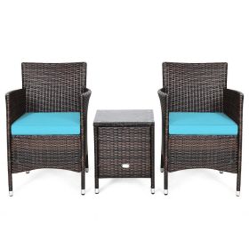3 Pieces Ergonomic Wicker Patio Conversation Set (Color: Blue)