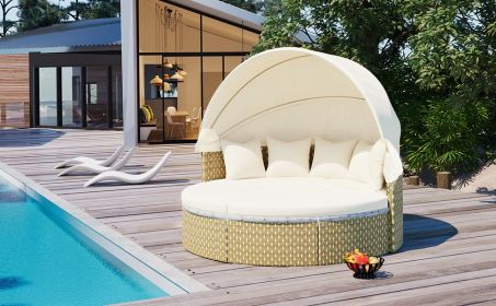TOPMAX Patio Furniture Round Outdoor Sectional Sofa Set Rattan Daybed Two-Tone Weave Sunbed with Retractable Canopy (Color: as Pic)