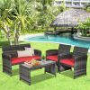 4 Pieces Patio Rattan Furniture Set with Glass Table and Loveseat