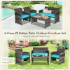 4 Pieces Patio Rattan Furniture Set with Glass Table and Loveseat