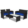 4 Pieces Rattan Patio Furniture Set with Weather Resistant Cushions and Tempered Glass Tabletop